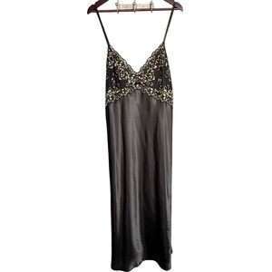 Thalia Sodi Black Satin Long Gown Nightgown Gold‎ Lace Trim XXL Leopard